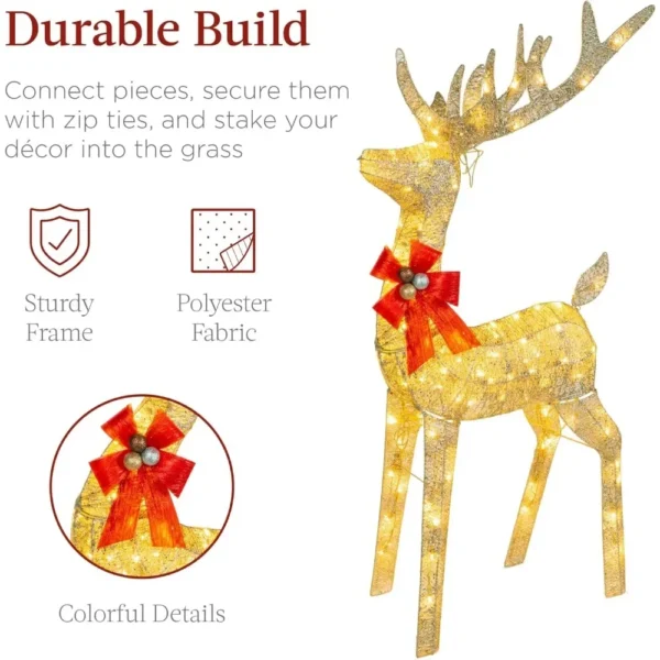 Lighted Christmas 4ft Reindeer & Sleigh Outdoor Yard Decoration Set w/ 205 LED Lights, Stakes, Zip Ties - Gold - Image 6