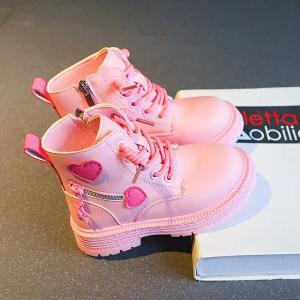 Girls Ankle Boots Fashion Princess PU Leather Rubber Outsole Children's Short Boots Autumn Winter Zipper Pink with Love Heart - Image 4