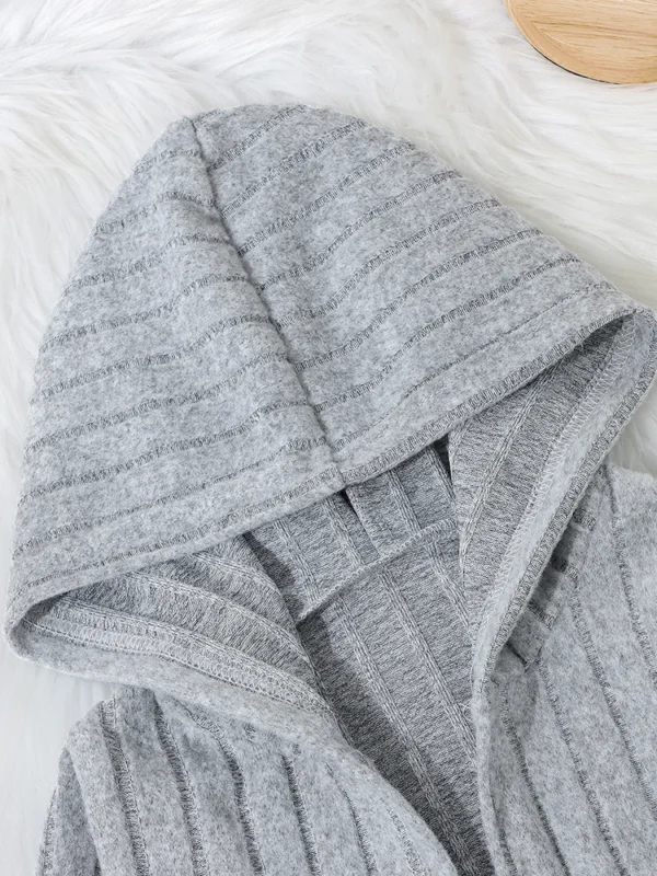 Girls Solid Color Striped Hooded Long Sleeve Coat - Image 3