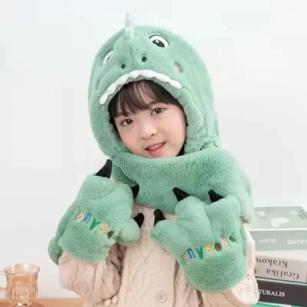 New Children's Cartoon Dinosaur Hat Winter Padded and Thickened Warm Plush Scarf Hat Gloves Scarf Warm Three-piece Set - Image 3