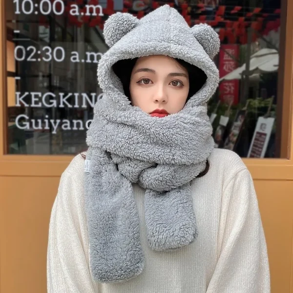 Little Bear Hat Plush Scarf Women's Winter Cute Winter Gloves Three Piece Hooded One Piece Ear Protector Neck Insulation - Image 4