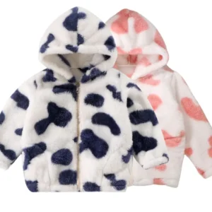 Girls Hooded Plush Jacket Big Children Autumn Winter Keep Warm Outerwear Fashion Princess Christmas Clothes Kids Cute Cow Coat