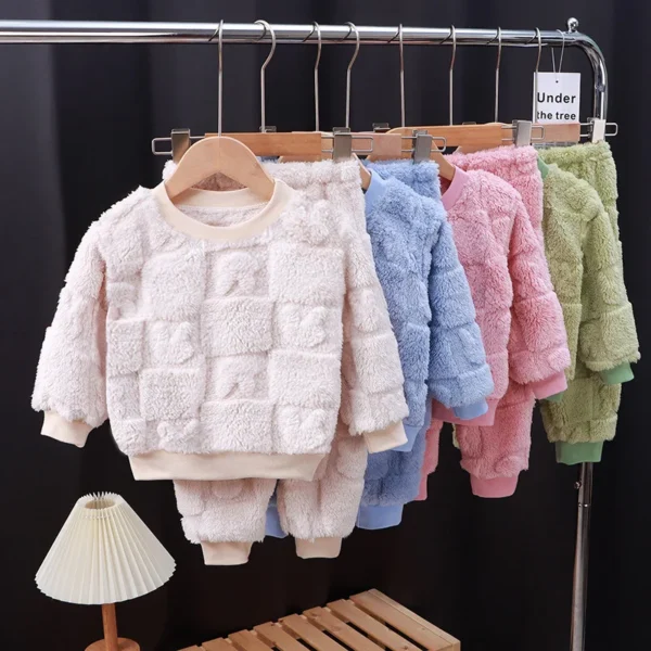 Autumn and Winter Flannel Children's Package Solid Color Boys' Plush Thickened Home Fur Girls' Warm Sleepwear Set - Image 5