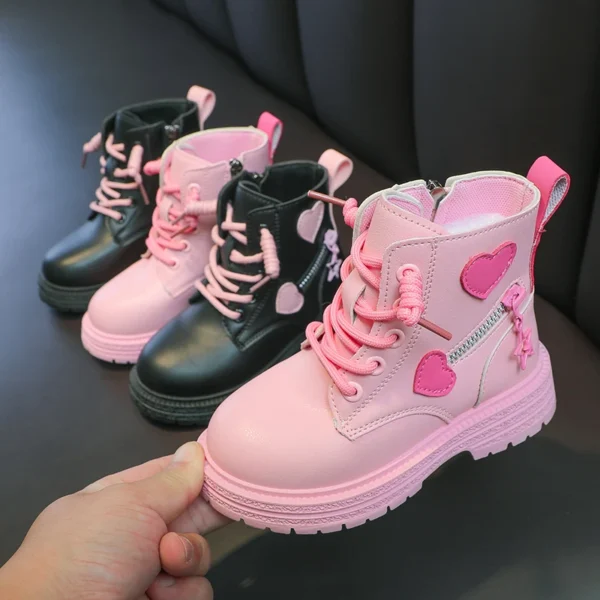 Girls Boots Kids Fashion Rubber Boots Cool Girl Autumn and Winter Cotton Soft Sole Pink with Love Side Zip Princess Round-toe PU - Image 2