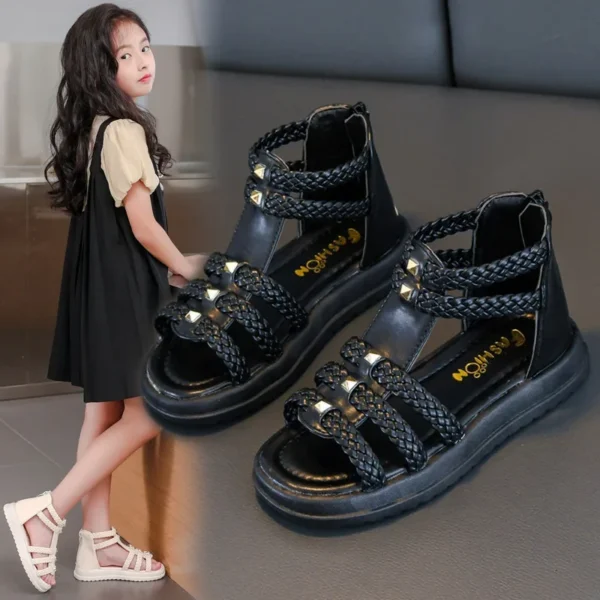Girls Roman Sandals Open Toe Braided Solid Color High-top Simple Rivets New Summer Hollow Flat Casual Shoes Kids Fashion Casual - Image 3