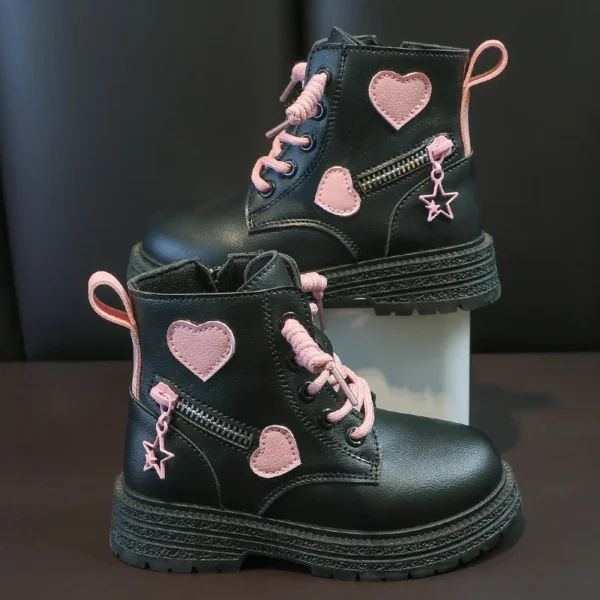 Girls Boots Kids Fashion Rubber Boots Cool Girl Autumn and Winter Cotton Soft Sole Pink with Love Side Zip Princess Round-toe PU - Image 4