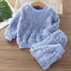 Autumn and Winter Flannel Children's Package Solid Color Boys' Plush Thickened Home Fur Girls' Warm Sleepwear Set