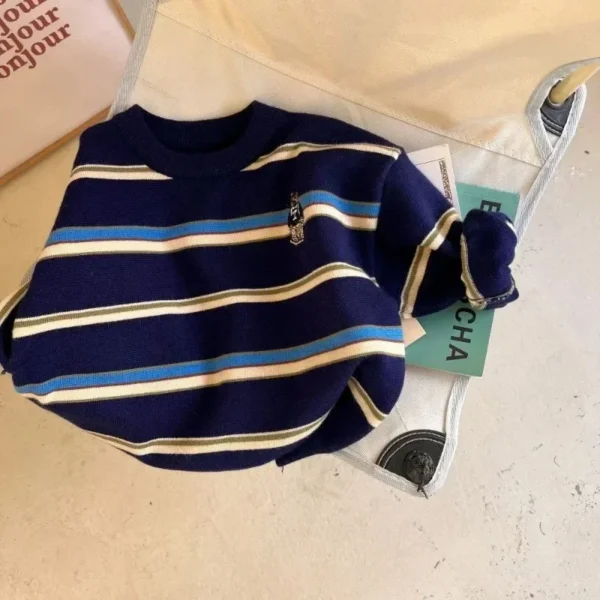 Children's Cute Bear Sweater Autumn and Winter 2023 Baby Striped Pullover Bottoming Shirt Boy Girl Cartoon Fashion Soft Sweaters - Image 3