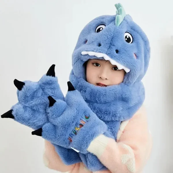New Children's Cartoon Dinosaur Hat Winter Padded and Thickened Warm Plush Scarf Hat Gloves Scarf Warm Three-piece Set - Image 5