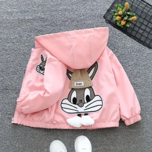 2024 Spring and Autumn Girls and Children's Cute Rabbit Letter Long sleeved Hooded Zipper Coat Children's Clothing 1-8Y