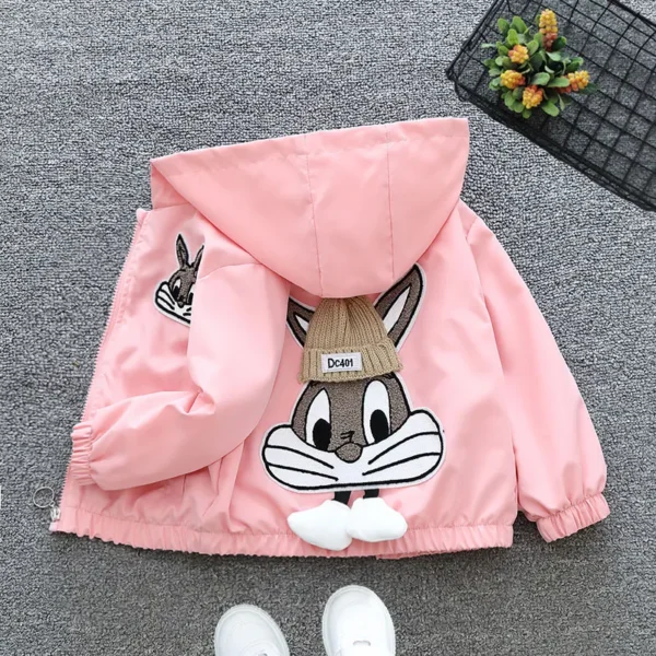 2024 Spring and Autumn Girls and Children's Cute Rabbit Letter Long sleeved Hooded Zipper Coat Children's Clothing 1-8Y