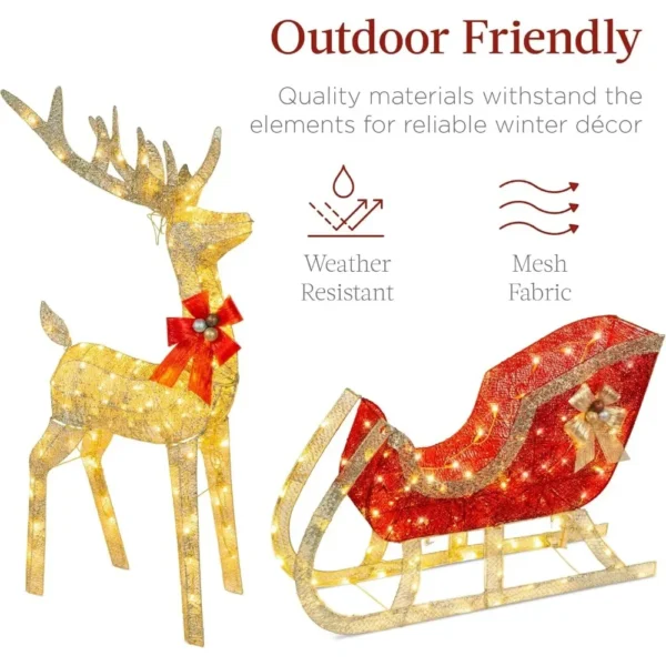 Lighted Christmas 4ft Reindeer & Sleigh Outdoor Yard Decoration Set w/ 205 LED Lights, Stakes, Zip Ties - Gold - Image 5