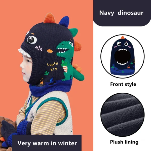 Kids Hat Scarf Gloves Set 3D Dinosaur Unicorn Modeling Baby Girl Boy Winter Windproof Hat For Kids Warm Knitted Beanie Cap - Image 2