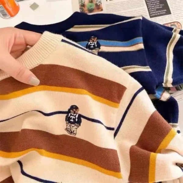 Children's Cute Bear Sweater Autumn and Winter 2023 Baby Striped Pullover Bottoming Shirt Boy Girl Cartoon Fashion Soft Sweaters - Image 2