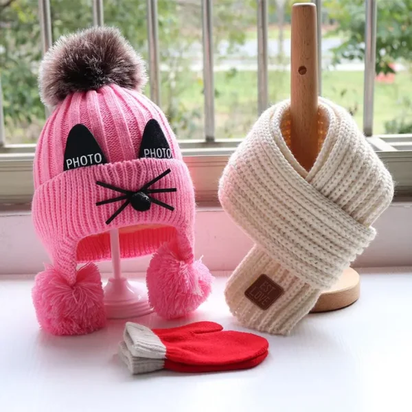 Autumn/Winter Baby hat and scarf set Children's thickened knitted wool hat around bib gloves Cute cat - Image 4