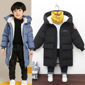 Winter New Teen Boys Jacket Long Style Solid Color Thick Keep Warm Hooded Windbreaker For 3-10 Years Kids Down Cotton Outwear