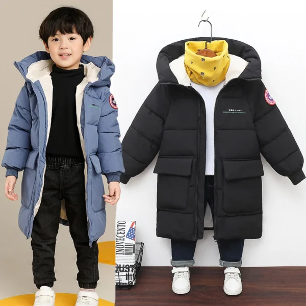 Winter New Teen Boys Jacket Long Style Solid Color Thick Keep Warm Hooded Windbreaker For 3-10 Years Kids Down Cotton Outwear