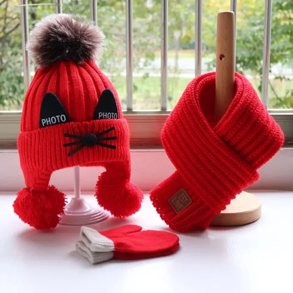 Autumn/Winter Baby hat and scarf set Children's thickened knitted wool hat around bib gloves Cute cat - Image 2