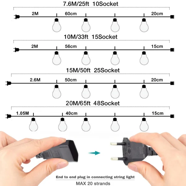 65FT Christmas Connectable LED String Light E12 Base G40 IP44 Waterproof Dimmable Garland Garden Wedding Fairy lights Home Decor - Image 4