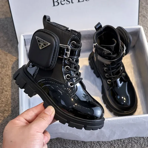 Kids Boots Fashion Patent Leather Girl Shoes British Style Ankle Boots Warm Plush Snow Boot Waterproof Non-slip Children's Shoes - Image 2