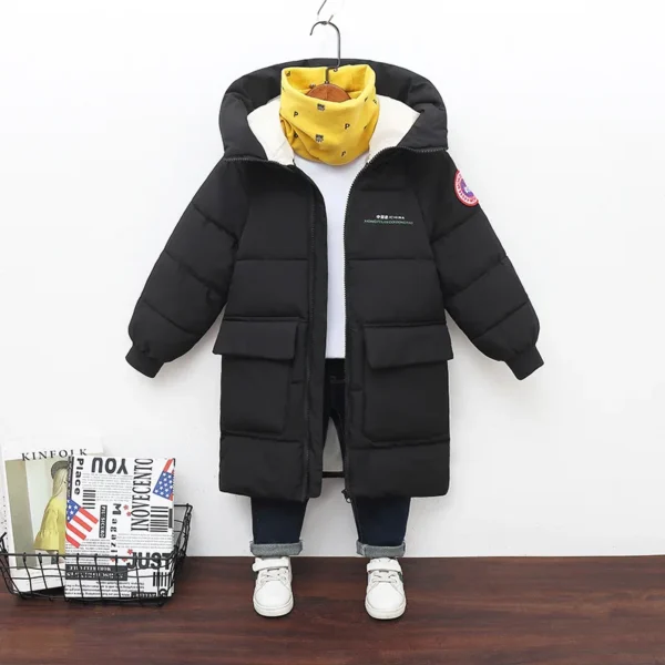 Winter New Teen Boys Jacket Long Style Solid Color Thick Keep Warm Hooded Windbreaker For 3-10 Years Kids Down Cotton Outwear - Image 4
