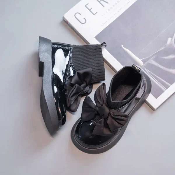 Girls Black Non-slip Kids Fashion Bow Elegant 2022 Glossy UK Uniform Child School Shoes Simple Casual 2022 Sock Boots Breathable - Image 5