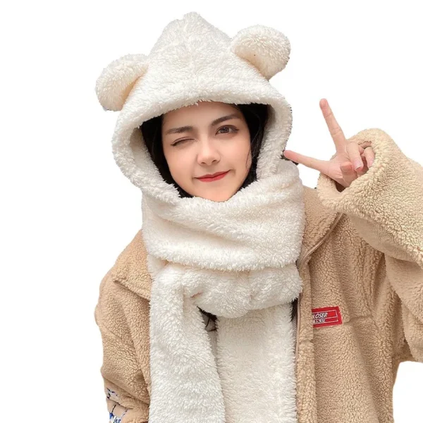 Little Bear Hat Plush Scarf Women's Winter Cute Winter Gloves Three Piece Hooded One Piece Ear Protector Neck Insulation - Image 5