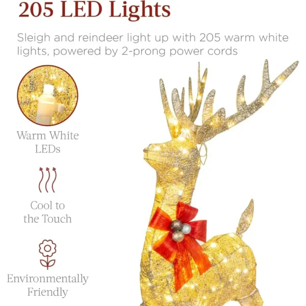 Lighted Christmas 4ft Reindeer & Sleigh Outdoor Yard Decoration Set w/ 205 LED Lights, Stakes, Zip Ties - Gold - Image 4